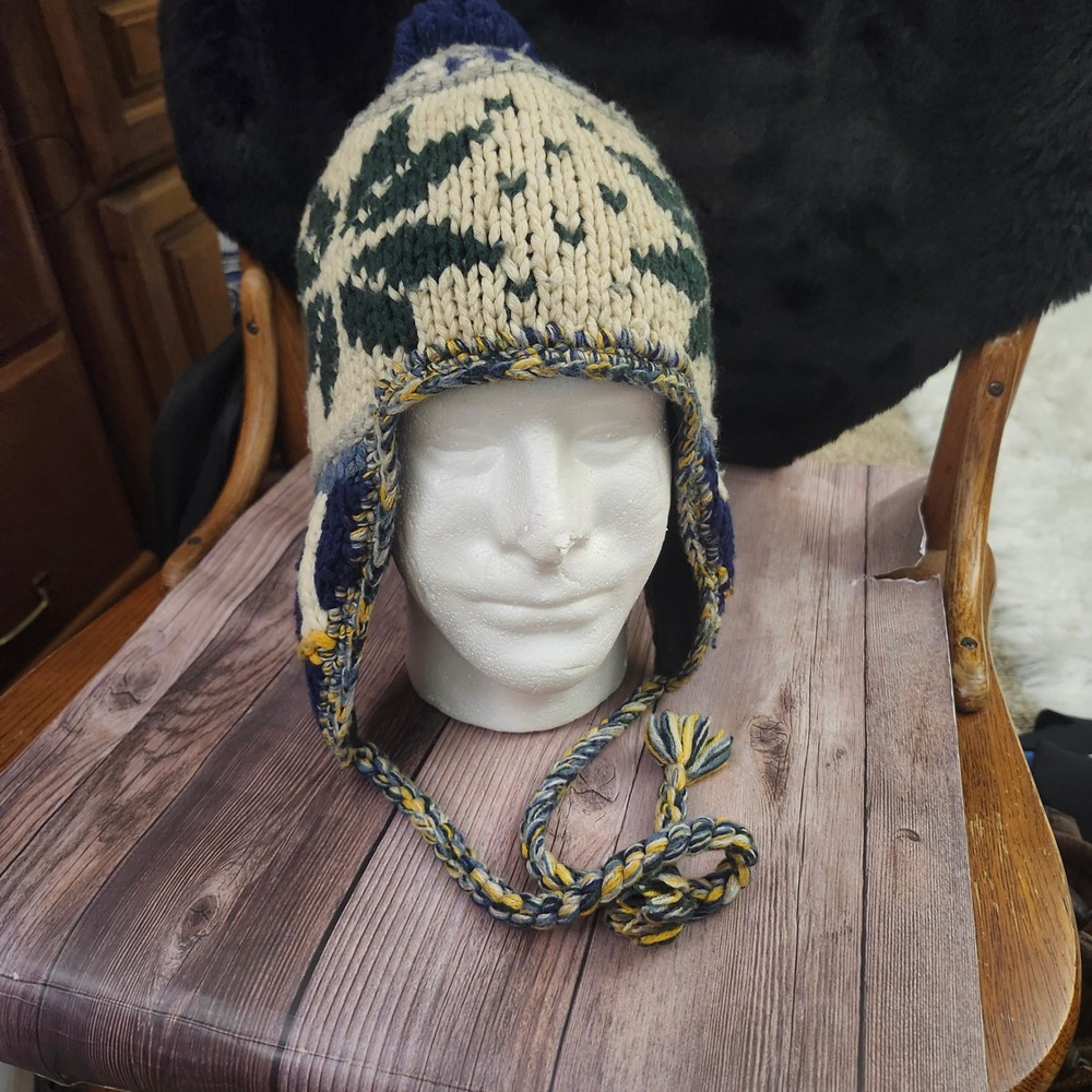 American Eagle Outfitters Knit Trapper Hat Snowflake Ear Flap Pom Pom Blue Green